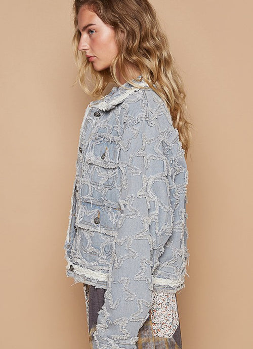 Load image into Gallery viewer, POL Star Textured Raw Hem Long Sleeve Denim Jacket
