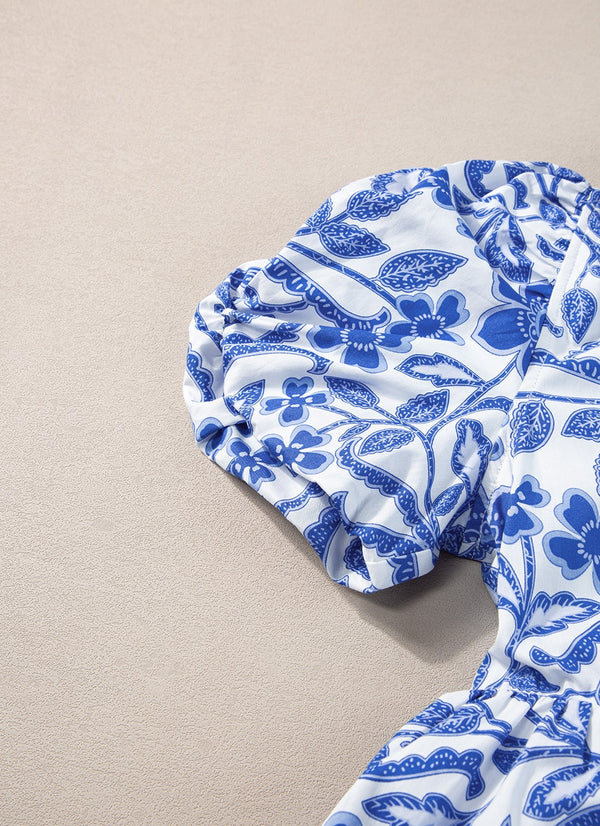 Printed Notched Puff Sleeve Dress