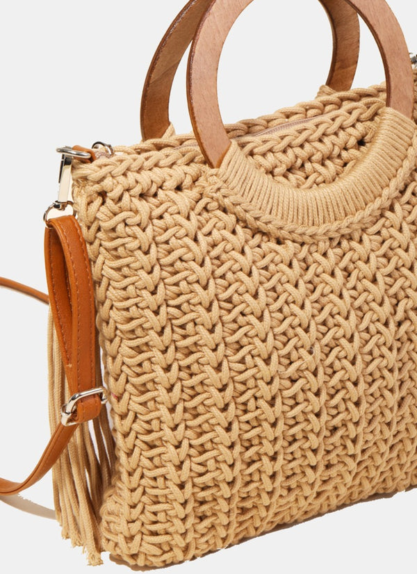 Fame Crochet Knit Convertible Tote Bag with Tassel